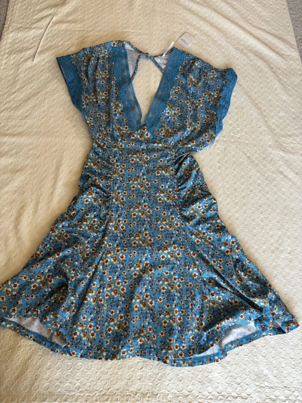 Free People Blue Floral Lace-Trim Open-Back Mini Dress - Picture 3 of 12